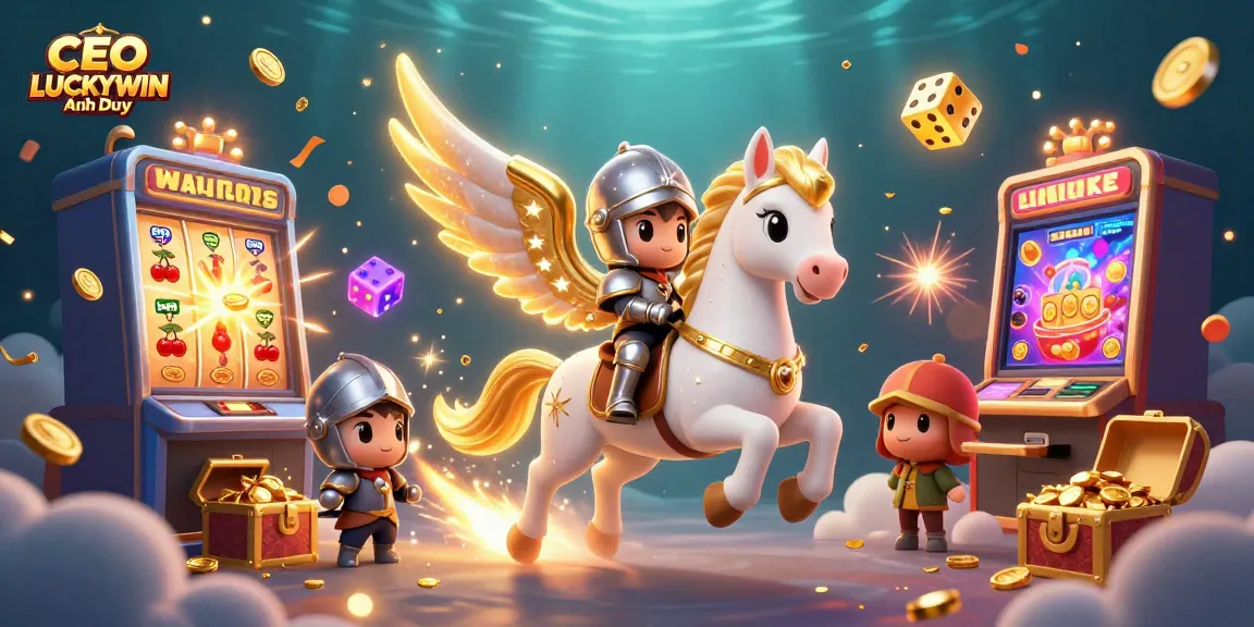 Experience gaming excitement with CEO LUCKYWIN Anh Duy in a dynamic casino scene featuring flying icons and golden treasures.
