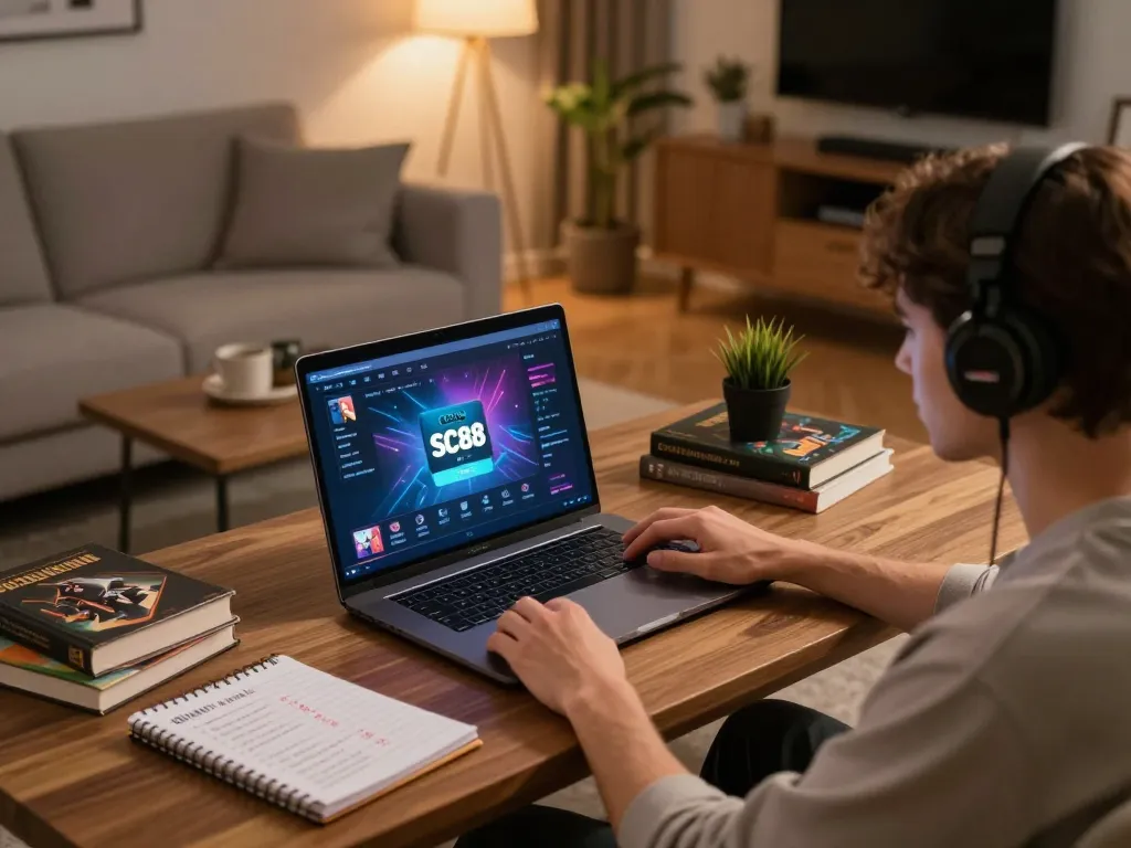 Engaging user experiencing SC88 đăng ký on laptop amidst a cozy home setting, reflecting responsible gaming.