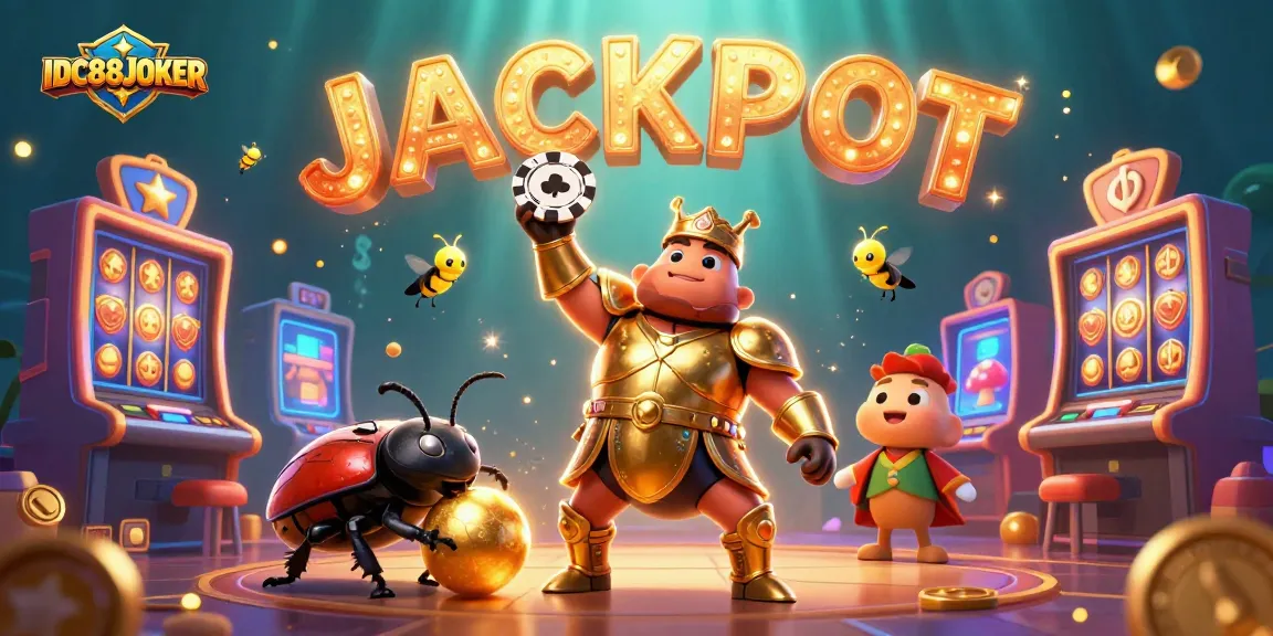 Win big with IDC88JOKER in this vibrant 3D scene featuring colorful gaming elements and characters celebrating a jackpot.