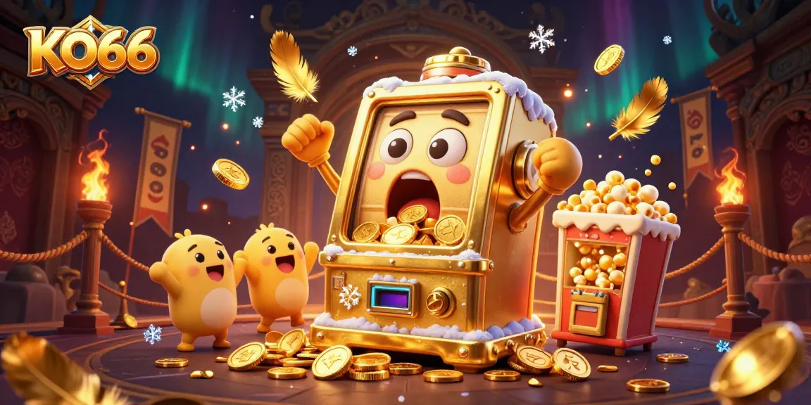 KO66 slot machine wins big as coins flow, surrounded by cheering machines and golden casino elements.
