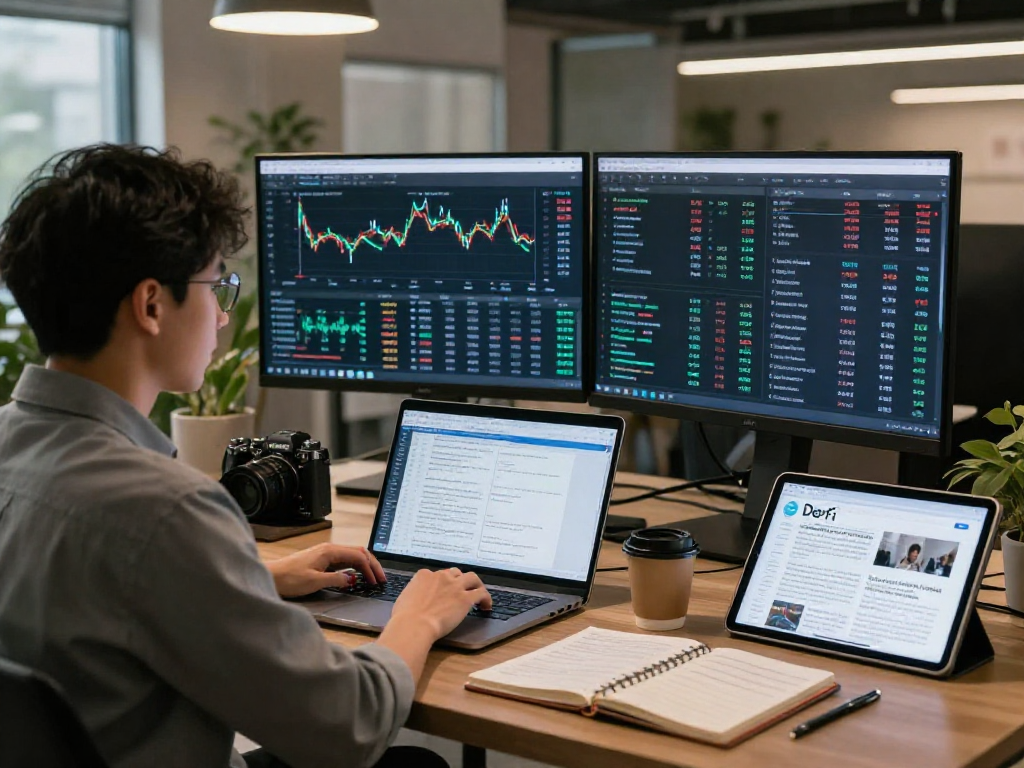 Profession analyzing cryptocurrency market data with Kyber-Swap interface on multiple screens, reflecting advanced tech-focused workspace