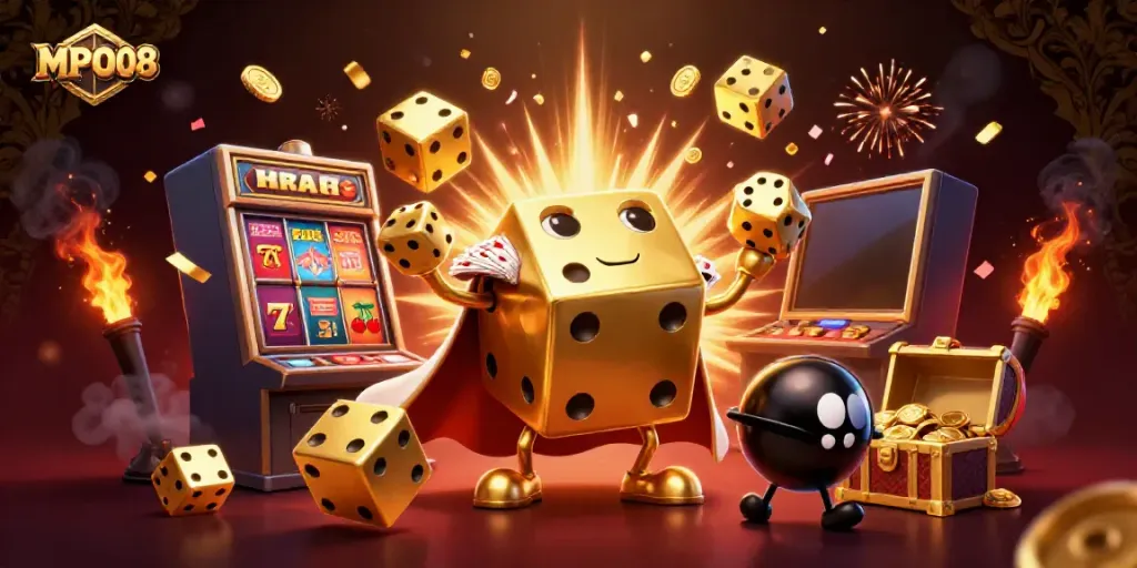 MPO08 showcases an exciting 3D casino scene featuring a golden dice golem juggling and a jackpot explosion.