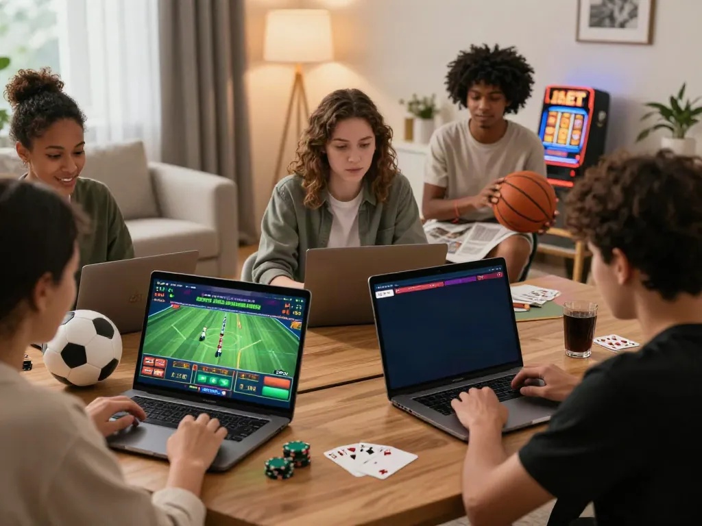 FABET online gambling players enjoying live sports betting and casino games in a cozy home setting.