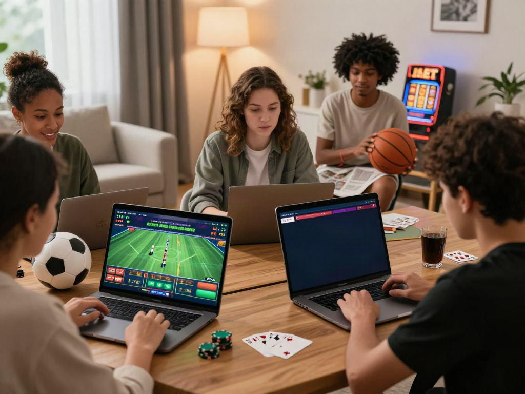 FABET online gambling players enjoying live sports betting and casino games in a cozy home setting.