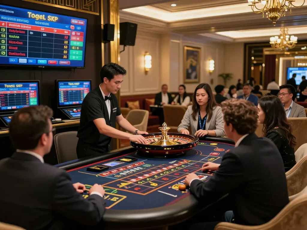 Engaged players placing bets on togel sgp in a luxurious live casino setting with a roulette wheel.