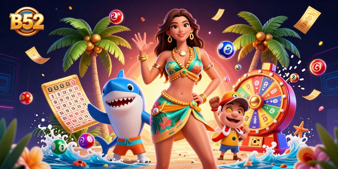 B52 Casino experience with vibrant lottery balls and a tropical beach goddess vibe.
