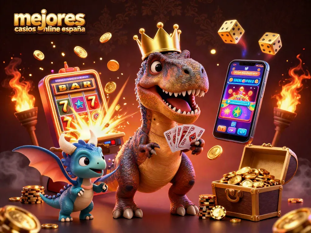 Disfruta de los mejores casinos online en España con un divertido T-Rex jugando cartas.