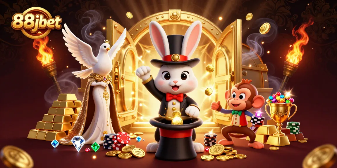 Experience the thrilling magic of 88jbet with golden coins and poker chips swirling around.