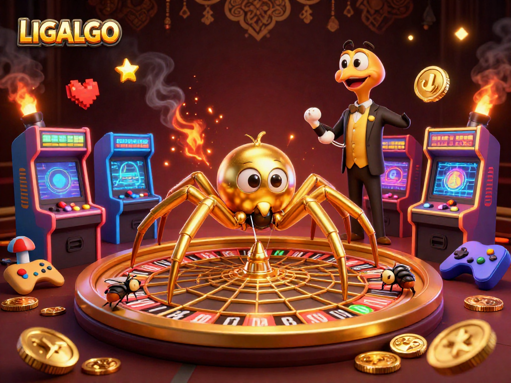LIGALGO showcases thrilling casino action with a golden spider and centipede croupier in a vibrant game setting.