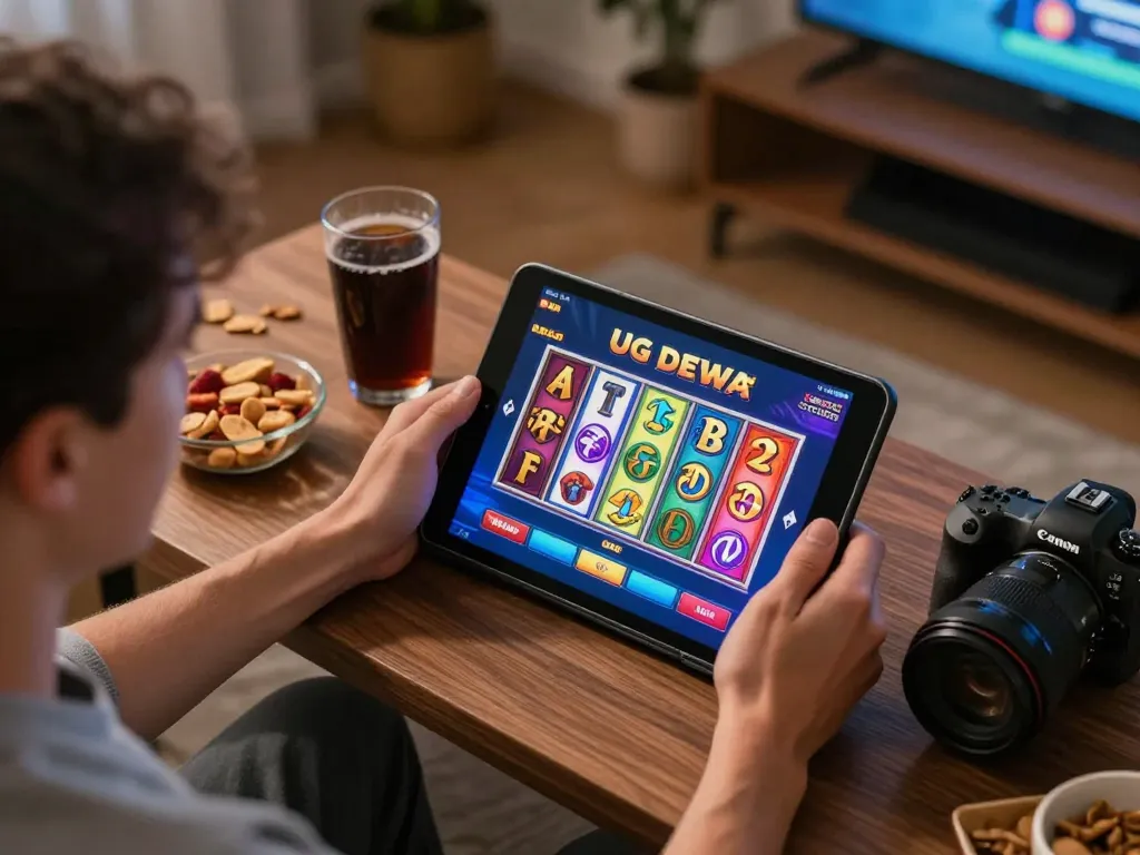 Player enjoying UG DEWA slot games on a tablet, capturing strategic home gaming atmosphere