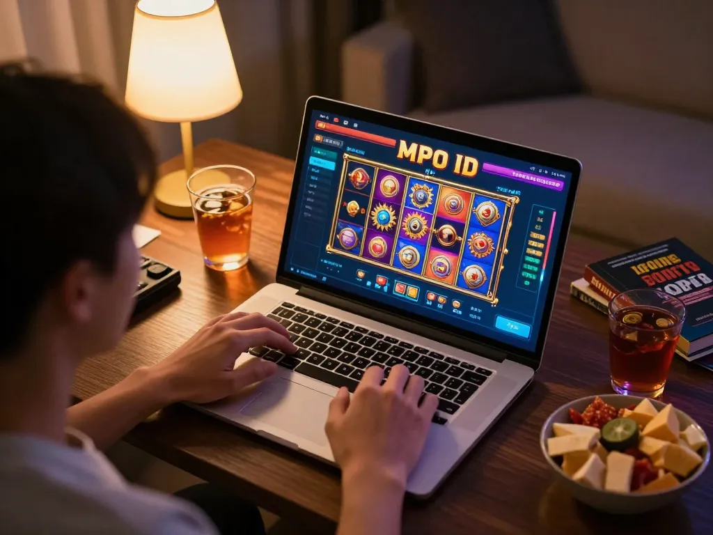Engaged player enjoying MPO ID online gaming experience with interactive slot graphics on laptop.