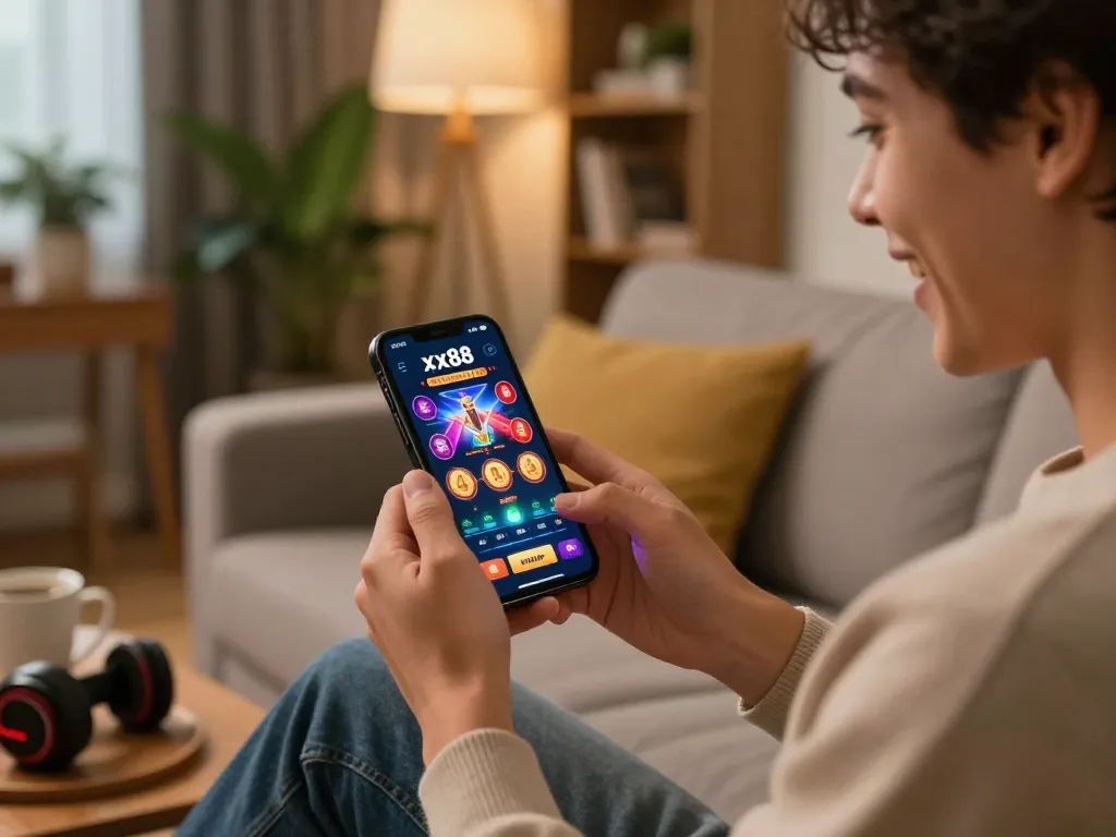 Enjoying mobile gaming on the xx88 platform showcased on a smartphone in a cozy living room setting.