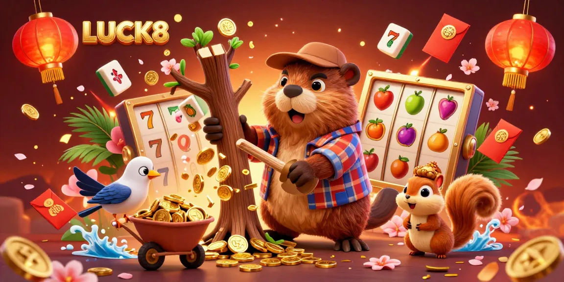 Collect coins with LUCK8 in this engaging, vibrant casino scene featuring exciting game elements like slot reels and treasures.