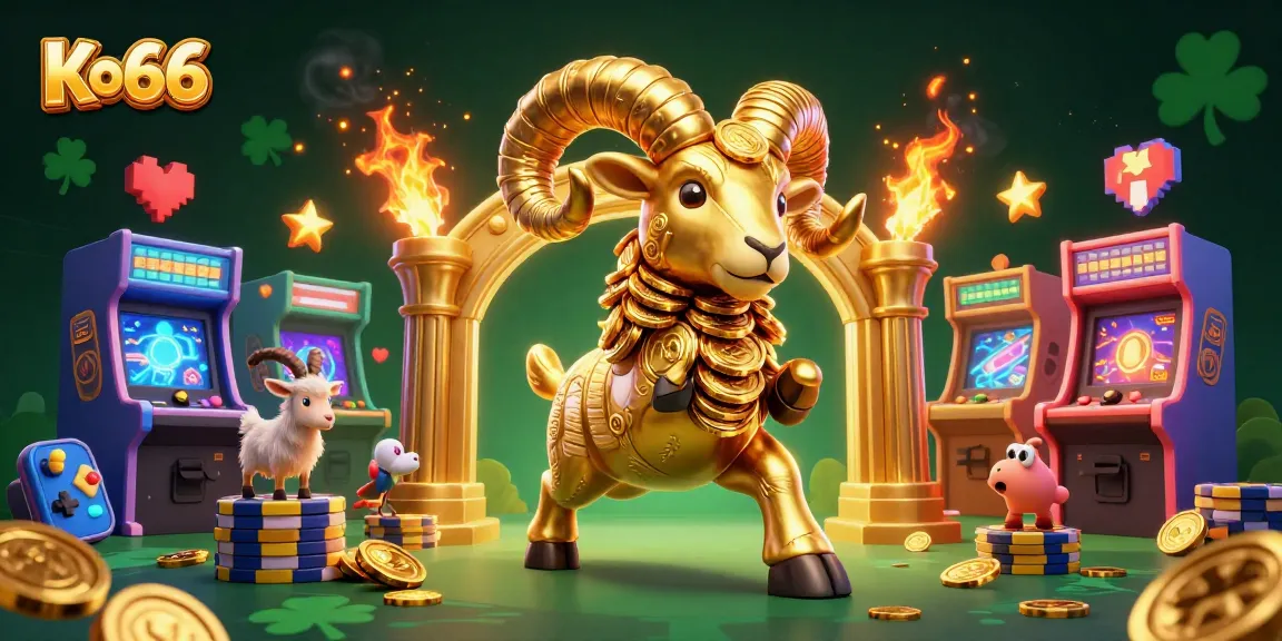 Experience the thrill at Ko66 with a massive golden ram charging towards players, surrounded by vibrant gaming elements.