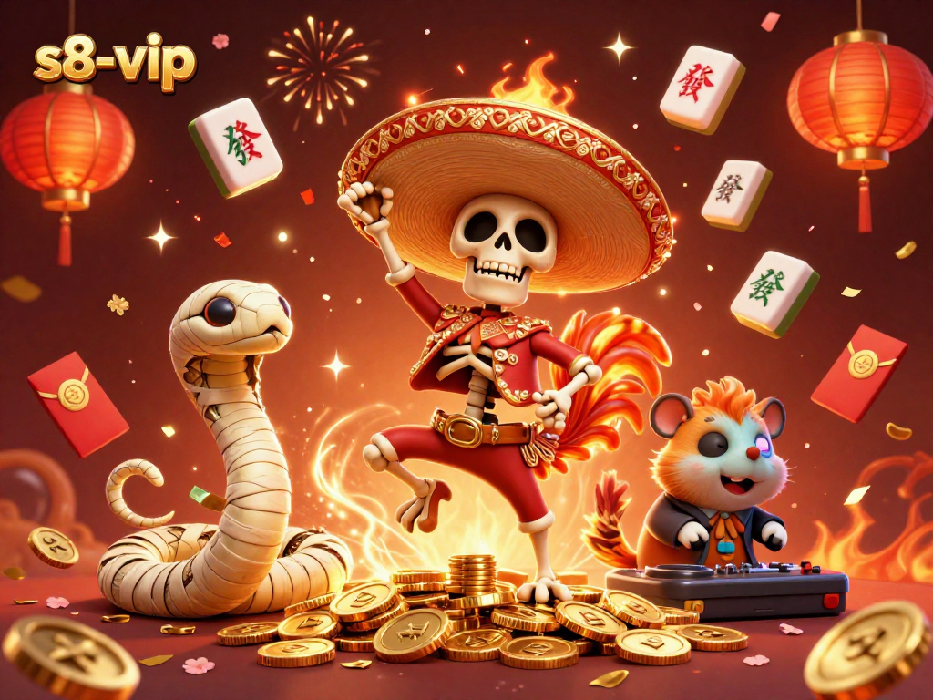 Celebrate with S8-vip's lively gaming experience featuring joyful characters and vibrant casino elements.