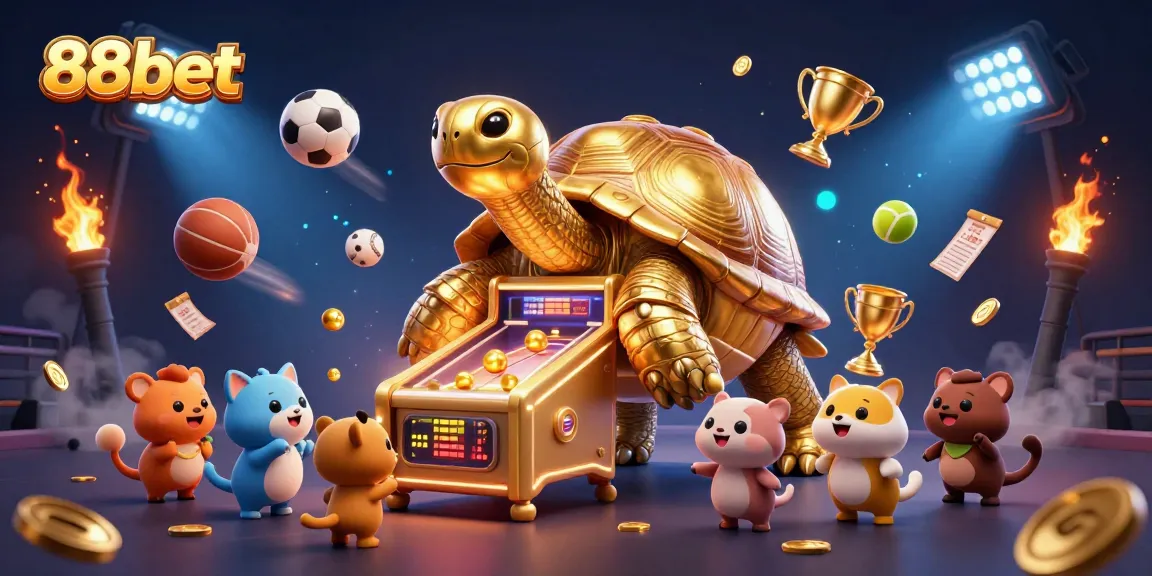 Experience thrilling games at 88bet with a golden tortoise pinball machine surrounded by sports action.