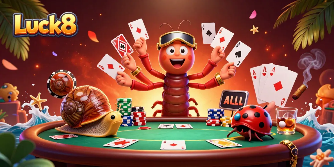 Experience thrilling poker action with Luck8's vibrant characters in a rich casino scene.