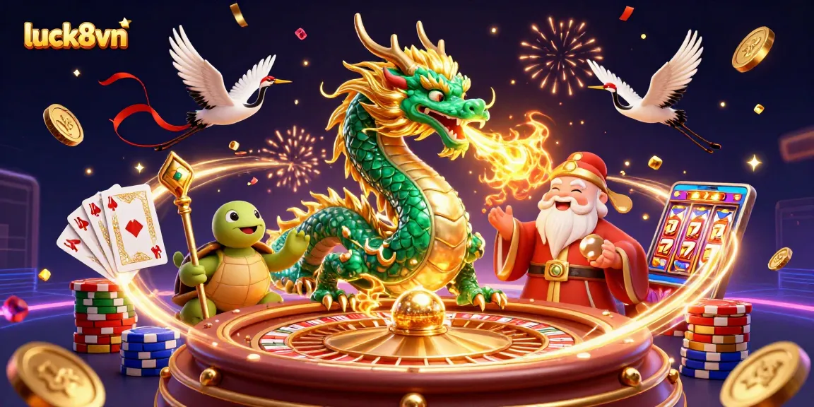Experience thrilling gameplay with luck8vn: a lively casino scene filled with a jade dragon and vibrant casino elements.