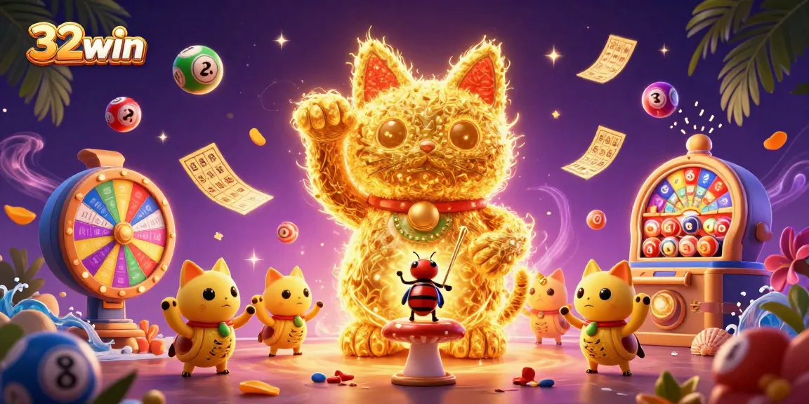 32win captures the excitement of online gambling, featuring a vibrant lucky cat and dynamic lottery elements.