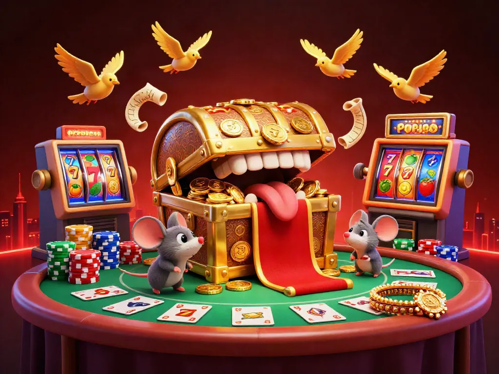 Engage with bay789's vibrant treasure chest illustration, showcasing captivating slot reels and poker tables.