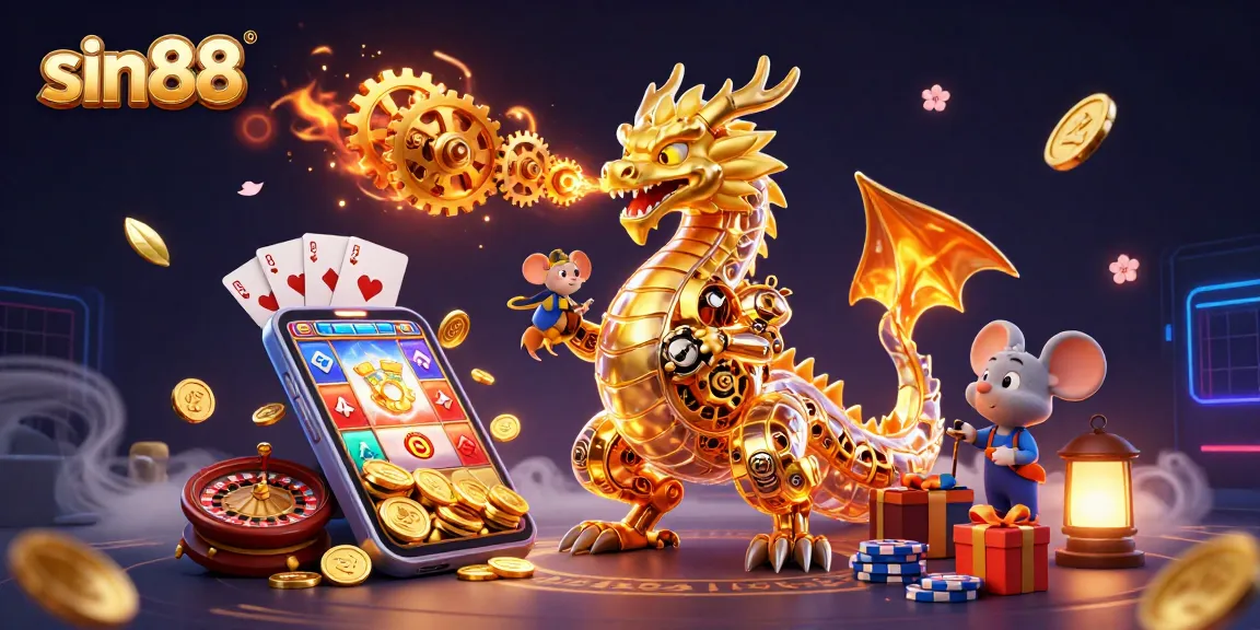 Experience sin88 as a golden dragon unleashes a vibrant slot game adventure with cascading coins.