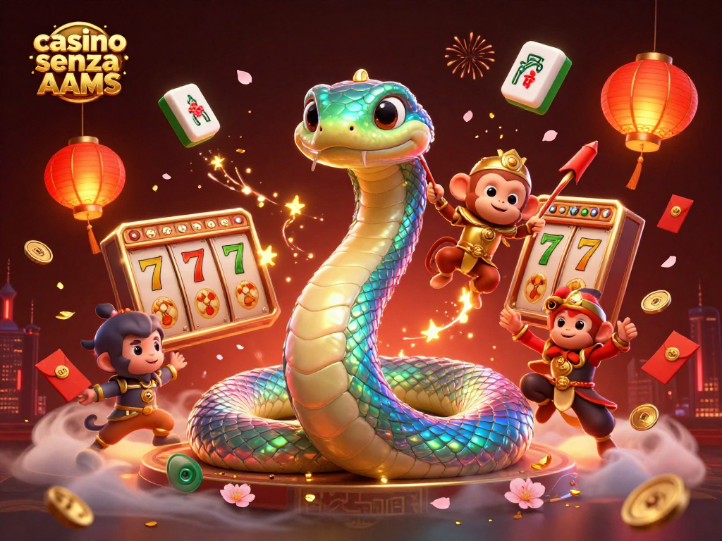 Scopri il mondo del casino senza AAMS con questa vibrante illustrazione 3D di serpenti e giochi.