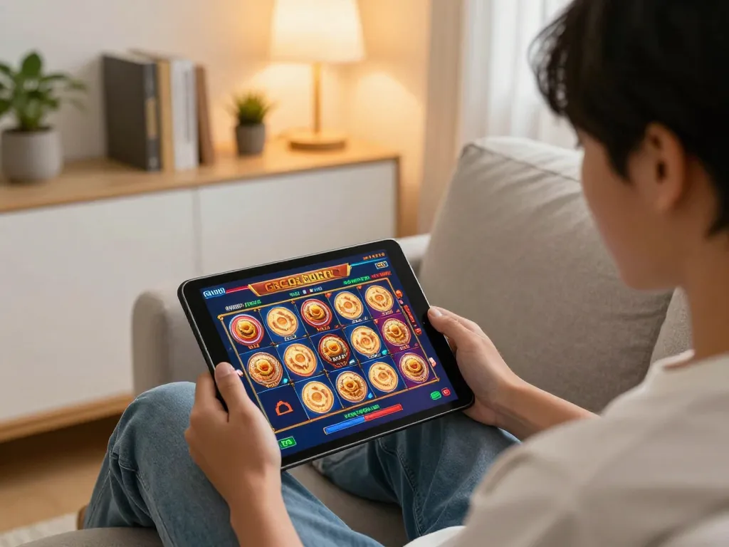 Engaging in a thrilling slot gacor game at home, showcasing strategy and fun