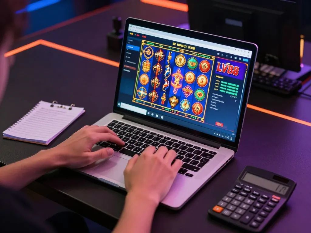 Engaging online gaming setup for LV88 com with colorful slot games displayed on a laptop screen.