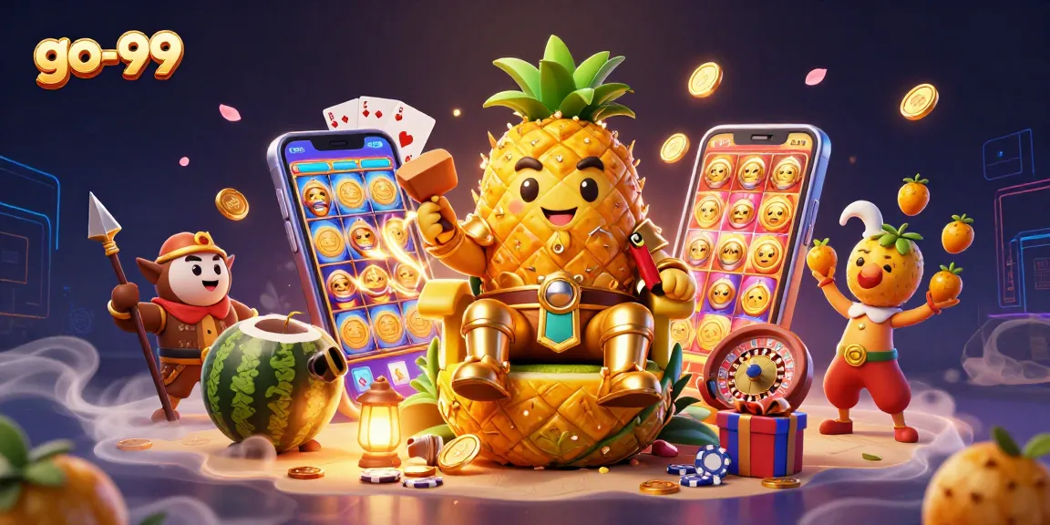 Experience the vibrant go-99 casino world with the golden pineapple king and dynamic gaming elements.