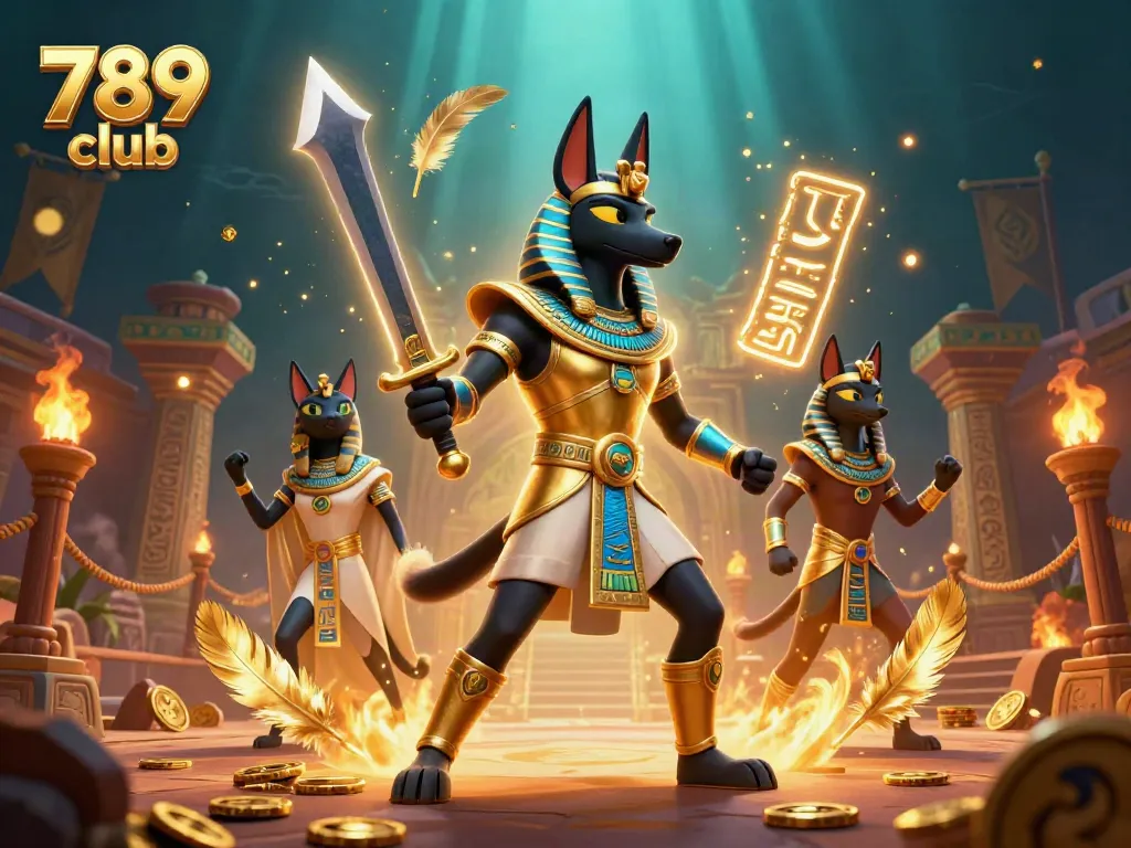Experience the thrill of the 789 club with an illustrated scene of Anubis and Bastet in a dynamic casino setting.