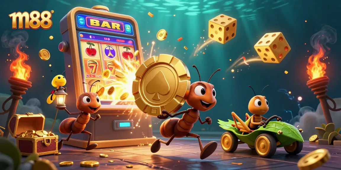 m88 attracts players through a detailed, animated heist scene featuring ants, slot machines, and casino elements.