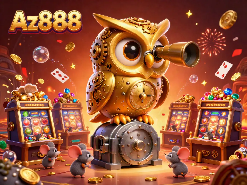 Experience thrilling slot games at Az888 with vibrant characters and golden treasures in this engaging casino scene.