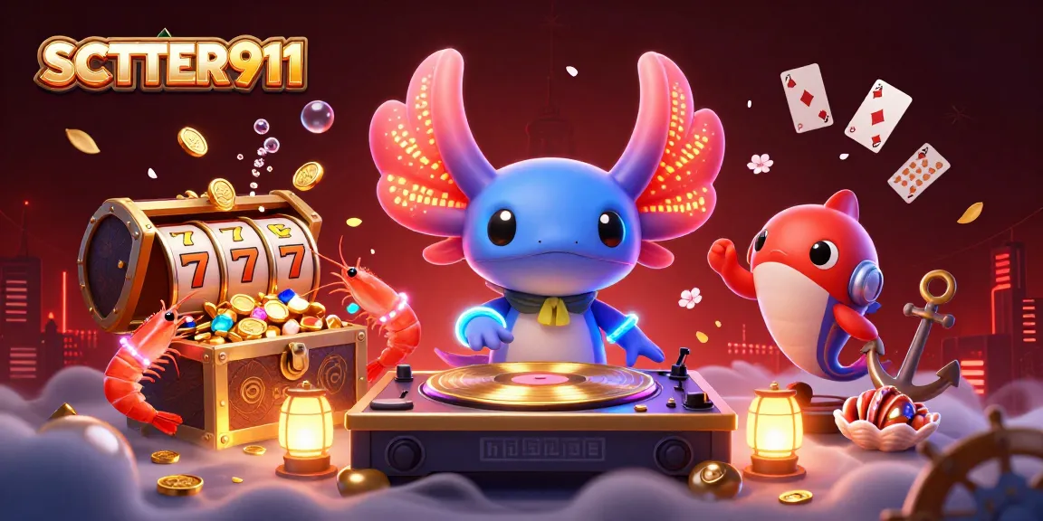 Spin wins with SCATTER911 in this vibrant casino scene featuring colorful characters and games.