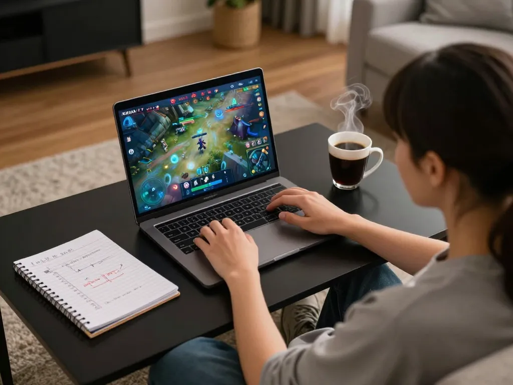 Engaged player enjoying KADAL 778 interactive gameplay on a laptop in a cozy living room.