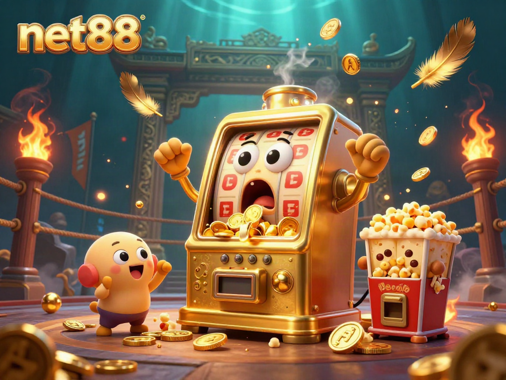 Experience wins with net88 as a golden slot machine hits a jackpot while smaller machines celebrate.