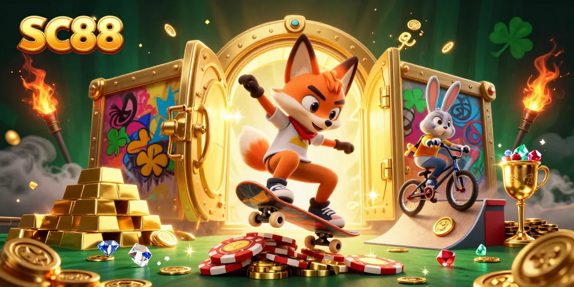 Experience the thrill of SC88 with a vibrant scene featuring a skateboarder fox and BMX-riding rabbit in a dynamic casino setting.