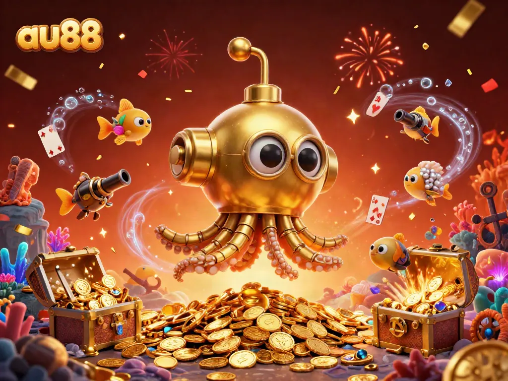 Experience the thrills of au88 with a vivid underwater casino scene featuring a golden kraken and mechanical fish.