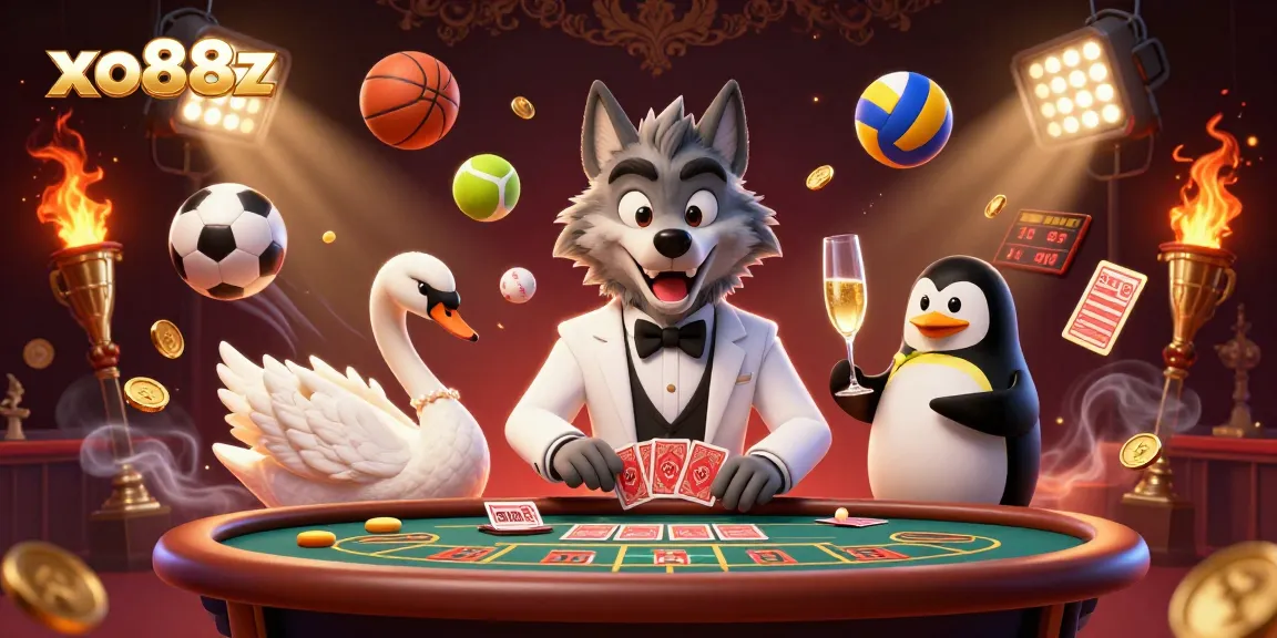 Experience luxury gaming at xo88z with a debonair wolf, swan dealer, and penguin sommelier.