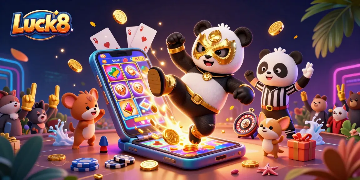 Experience the thrilling gameplay at Luck8 with a vibrant scene featuring a panda wrestler and exciting casino elements.