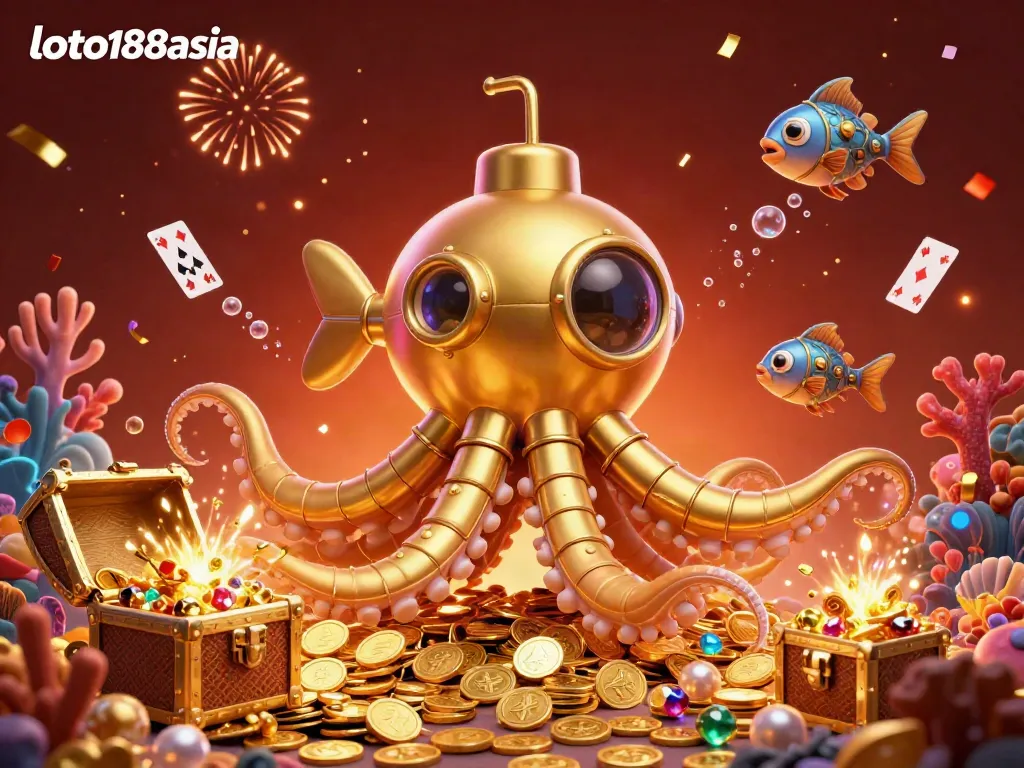 Engage with loto188asia's thrilling gaming world showcasing vibrant underwater scenes of a golden kraken submarine and treasures.