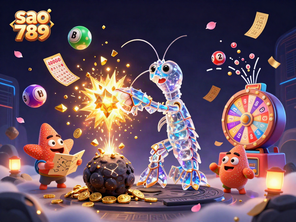 Engage with the vibrant gaming universe of Sao 789 as a galactic mantis shrimp bursts through gems and coins.