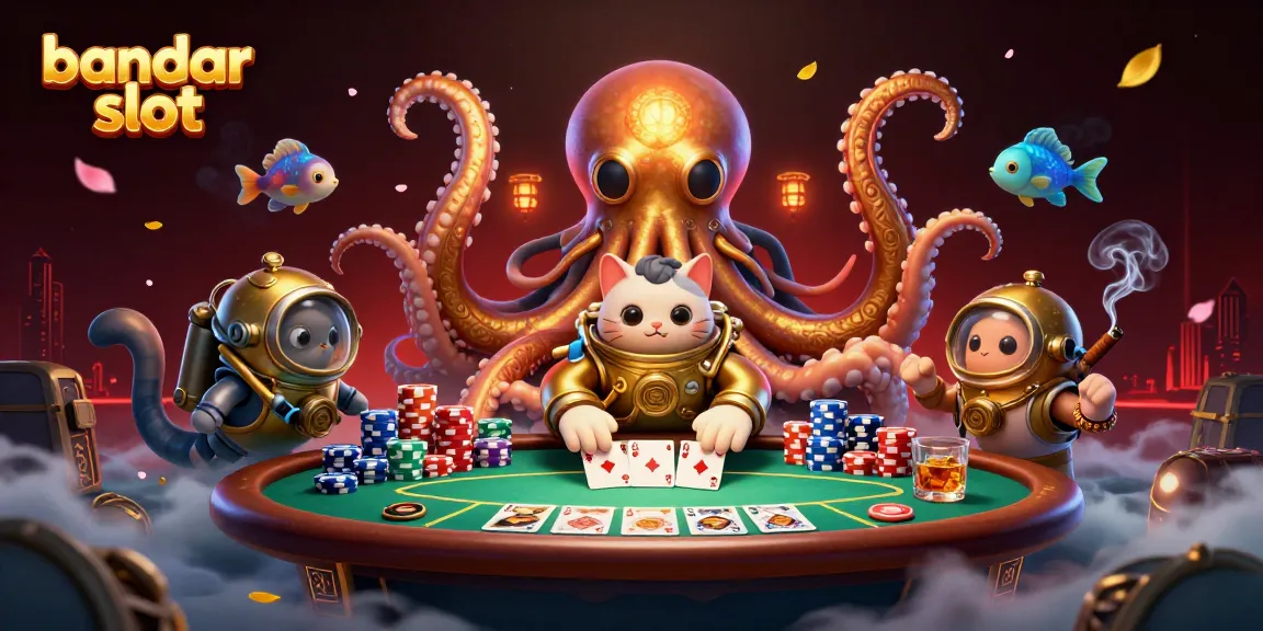 Experience thrilling bandar slot action with a captivating kraken and vintage cat diving into a poker scene.