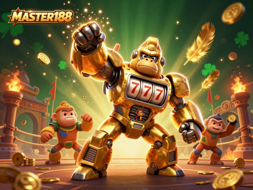 Engage in immersive gaming at MASTER188 with a striking golden mech and dynamic betting scene.
