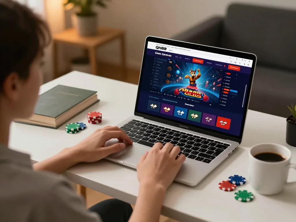 Player enjoying online gaming on qh88go website with chips and coffee visible, cozy setup