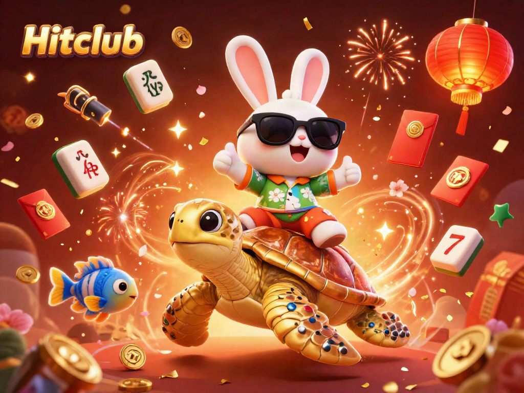 Experience the excitement of Hitclub as charming cartoon characters celebrate amidst vibrant casino elements.
