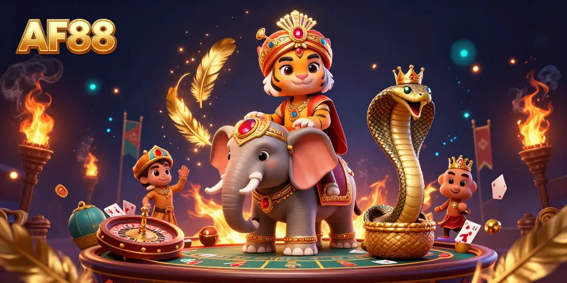 Engage with exciting AF88 casino games featuring roulette wheels and playing cards amidst vibrant 3D scenery.