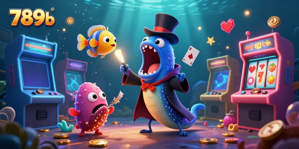 Engage with 789b's immersive casino experience portrayed through vibrant 3D cartoon characters and gaming elements.
