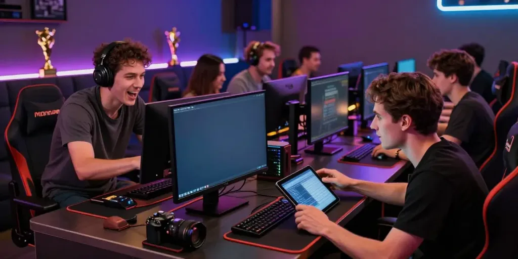 Men enjoying gaming experience at Manclub lounge with excitement.