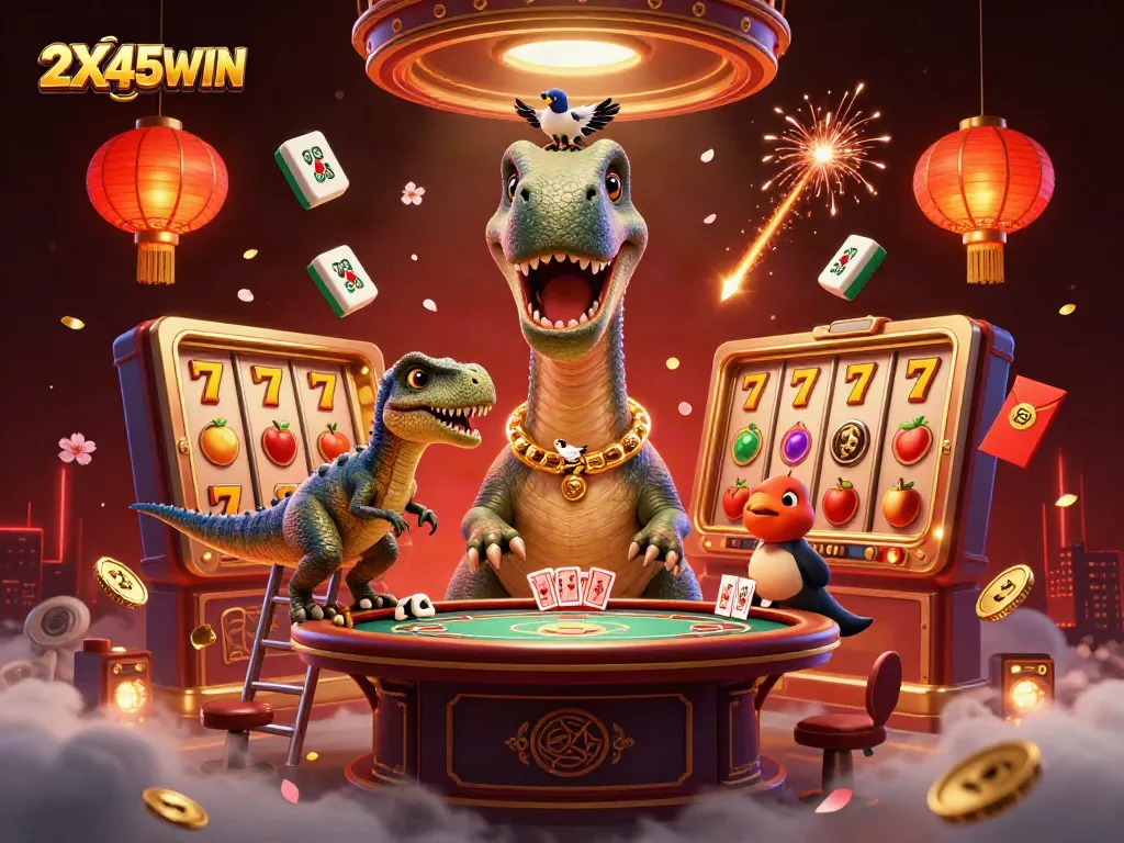 2X45WIN mempersembahkan ilustrasi menarik dengan kasino dan karakter dinamis dalam permainan slot.