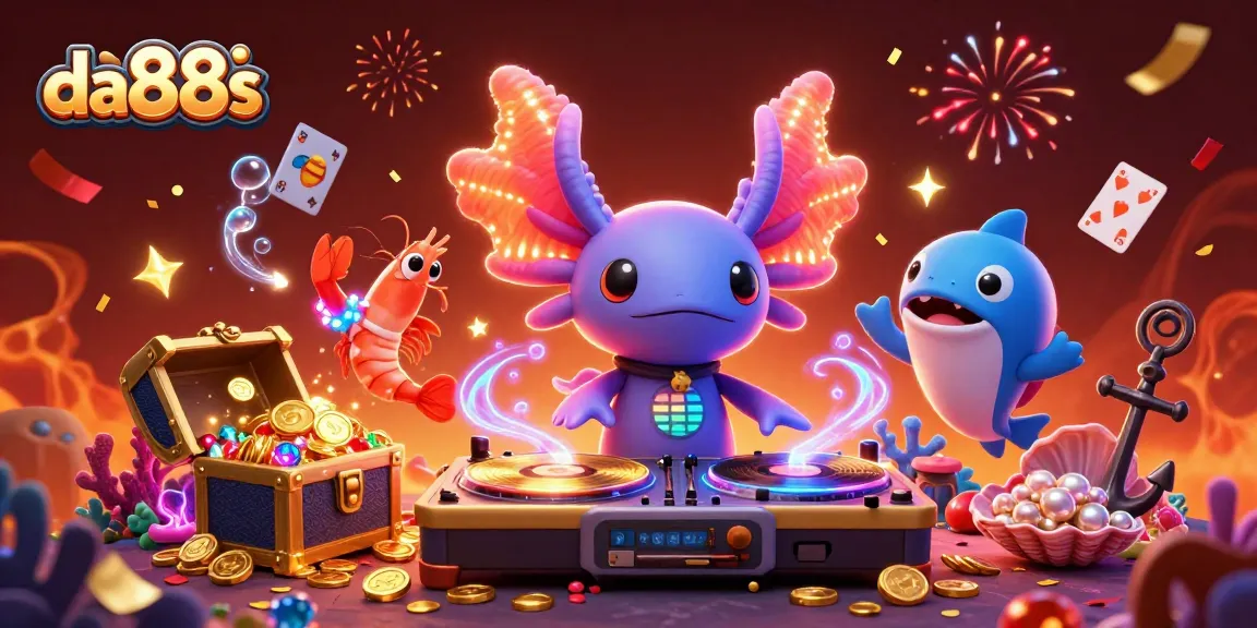 Spin to win with da88s: Vibrant casino-themed 3D illustration featuring lively underwater characters.